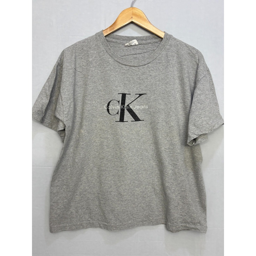 Calvin Klein Womens T-Shirt Gray Spell Out Classic Logo Short Sleeve Crop Top XL